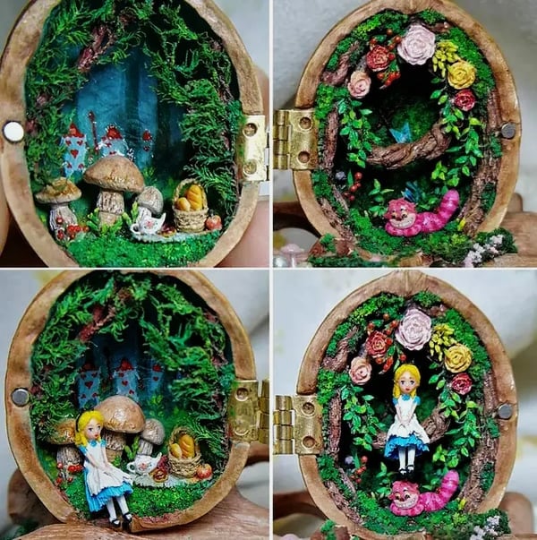 Tiny World with Light – Walnut Shell Mini Library