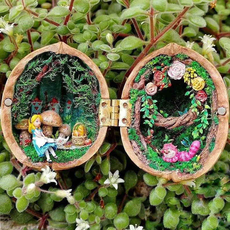 Tiny World with Light – Walnut Shell Mini Library