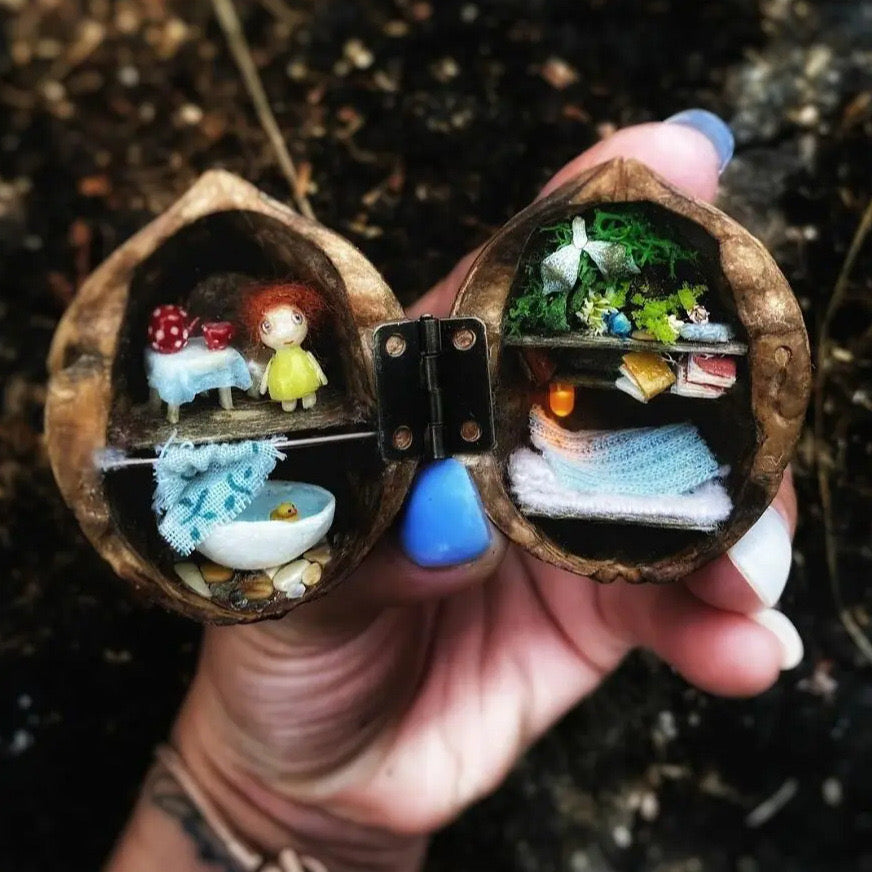 Tiny World with Light – Walnut Shell Mini Library