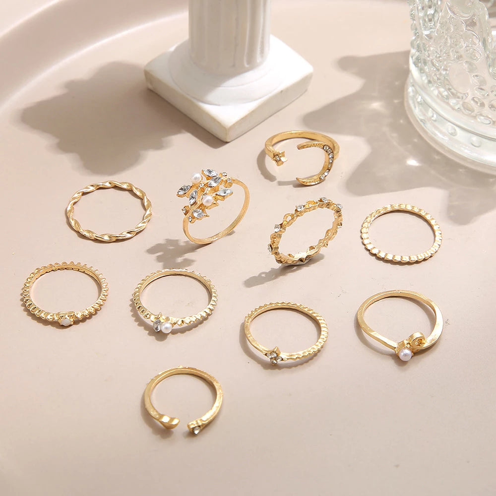 10-piece set exquisite Bohemian silver and gold-plated rings as stylish accessories